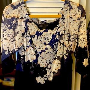 INC size Medium navy blue with pink/white flowers. Chiffon overlay, 3/4 sleeves